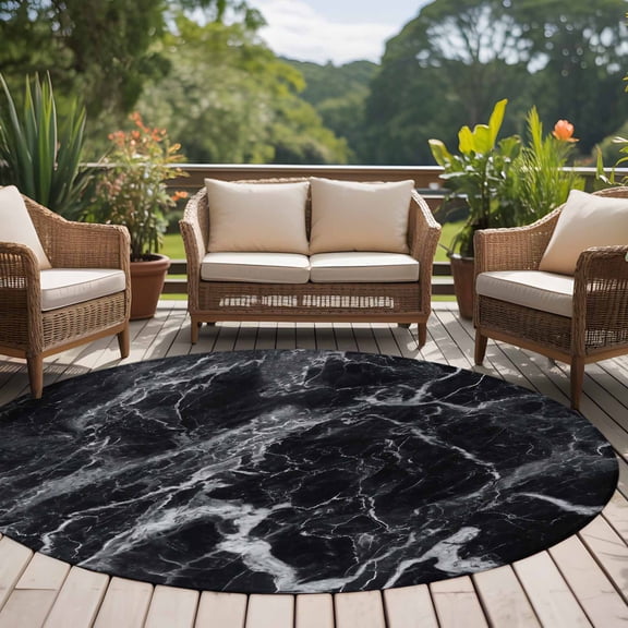 Abstract Art 8ft Round Rug for Open Concept Living Room Seating Zone, Dark Black Marble Texture Modern Simple Washable Non Slip Large Circle Area Rug