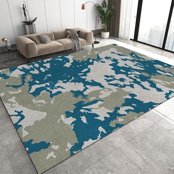 Abstract Art Aesthetic Design Area Rug, Blue Camouflage Texture Bedroom Rug, Soft Low Pile Dining Room Carpet, Washable Non-Slip Living Room Balcony Kitchen Rugs 5 x 8ft