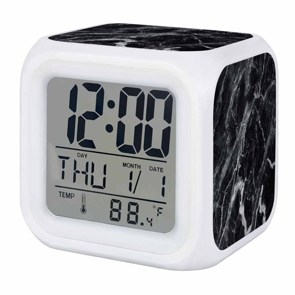 Abstract Art Alarm Clock, Dark Black Marble Texture Modern Simple Digital Clock Night Light with 7 Color, Calendar Temperature Display, LED Desk Small Clock for Bedrooms Bedside Living Room