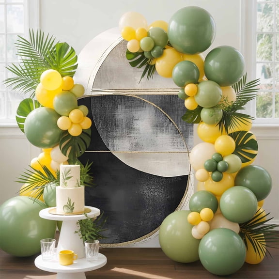 Abstract Art Arch Backdrop Cover, 5FT, Mottled Geometric Moon Black Gold Circle Striped Spandex Arch Covers Double-Sided Backdrop for Wedding Birthday Party Photo Background Decoration