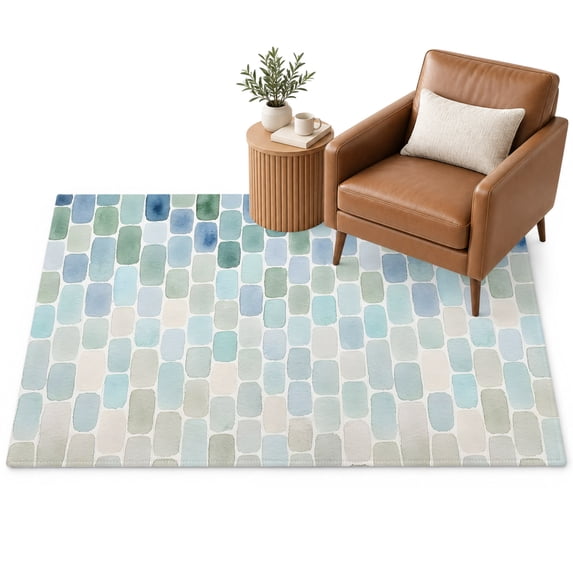 Abstract Art Area Rug 3'x5', Blue Green Watercolor Gradient Mosaic Soft ...