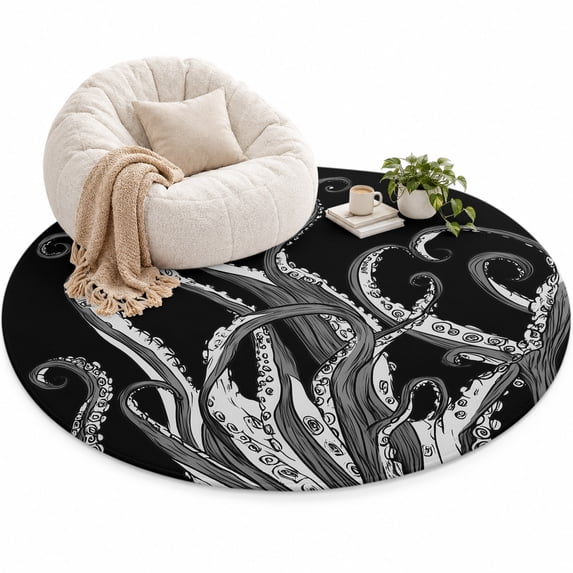 Abstract Art Area Rug 5', Black Octopus Tentacles Ocean Modern Soft Mat ...