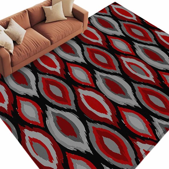 Abstract Art Area Rug, Modern Diamond Patterns Red Black Grey Geometric Rectangular Non-Slip Absorbent Washable Area Rug Felt Rubber Backing Indoor Carpet for Bedroom Living Room 9x12ft