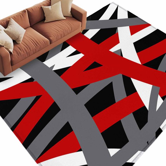 Abstract Art Area Rug, Red White Black Gray Line Modern Simple Rectangular Non-Slip Absorbent Washable Area Rug Felt Rubber Backing Indoor Carpet for Bedroom Living Room 9x12ft