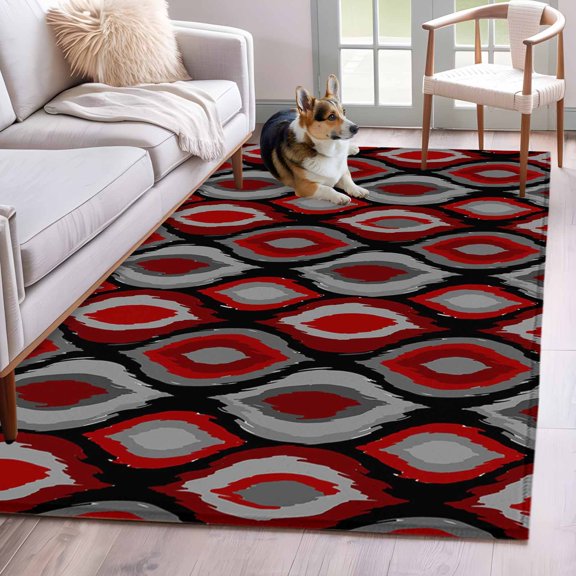 Abstract Art Area Rugs 4x6 ft Modern Diamond Patterns Red Black Grey Geometric Washable Rug Non Slip Indoor Carpet Absorbent Floor Mat for Living Room Bedroom Dining Room