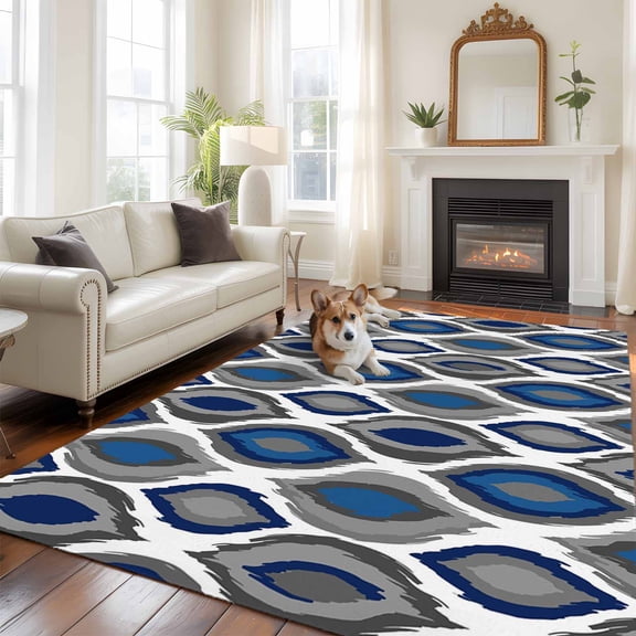 Abstract Art Area Rugs 5x7 ft Modern Diamond Patterns Blue White Grey Geometric Washable Rug Non Slip Indoor Carpet Absorbent Floor Mat for Living Room Bedroom Dining Room