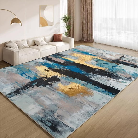 Abstract Art Area Rugs, Blue Black Gold Texture Carpet, Washable Non Slip Low Pile Soft Rug for Living Room Bedroom Study Decor Mat 5ftx8ft