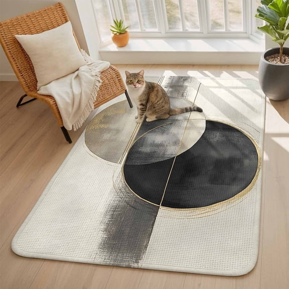 Abstract Art Area Rugs for Living Room 5x6, Mottled Geometric Moon Black Gold Circle Striped Washable Area Rug with Non Slip Backing, Stain Resist Carpet for Bedroom, Dining Room, Entryway, Entrance