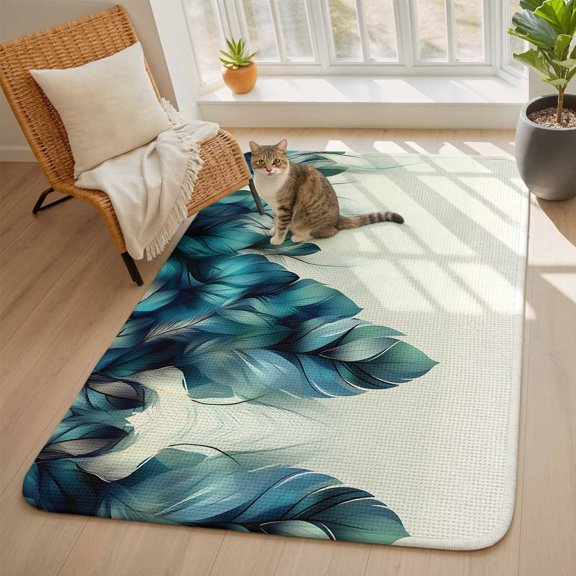 Abstract Art Area Rugs for Living Room 5x6, Soft Edge Green Feather Decoration Washable Area Rug with Non Slip Backing, Stain Resist Linen Carpet for Bedroom, Dining Room, Entryway, Entrance