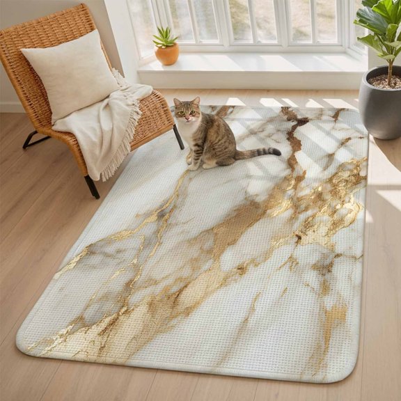 Abstract Art Area Rugs for Living Room 5x6, White Marble Pattern Gold Crack Rock Texture Washable Area Rug with Non Slip Backing, Stain Resist Carpet for Bedroom, Dining Room, Entryway, Entrance