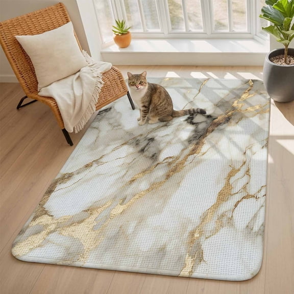 Abstract Art Area Rugs for Living Room 5x6, White Marble Texture Gold Crack Stone Minimalism Washable Area Rug with Non Slip Backing, Stain Resist Carpet for Bedroom, Dining Room, Entryway, Entrance