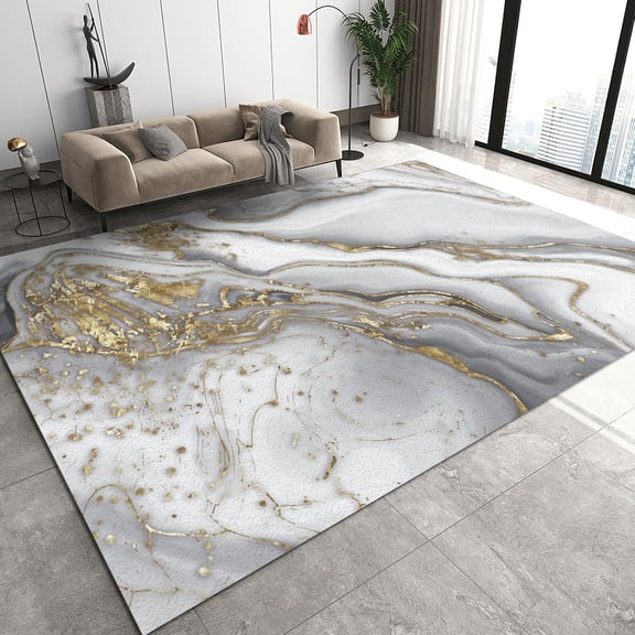 Abstract Art Area Rugs, White Golden Liquid Painting Marble Floor Carpet, Modern Non-Shedding Indoor Carpet Foldable Non Slip Rug for Home Entrance Floor Mats 3ft x 4ft