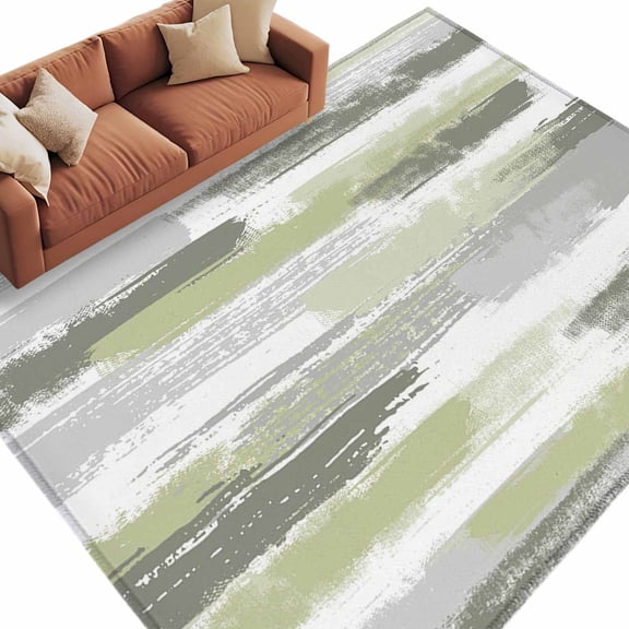 Abstract Art Area Rug 5x8ft Green Gray Mottled Color Block Oil Painting Non-Slip Washable Square Rugs Soft Felt Indoor Floor Mat for Bedroom Kitchen Living Room Bathroom