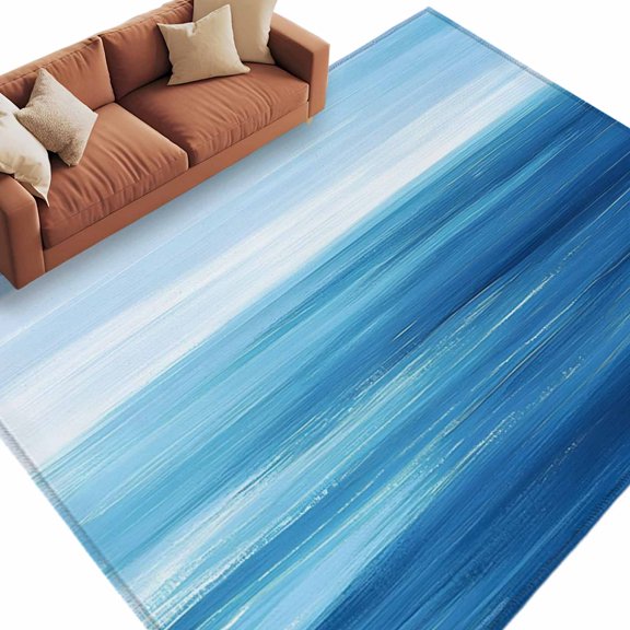 Abstract Art Area Rug 8x10ft Blue Gradient Ocean Waves Sky Sea Painting Style Non-Slip Washable Square Rugs Soft Felt Indoor Floor Mat for Bedroom Kitchen Living Room Bathroom