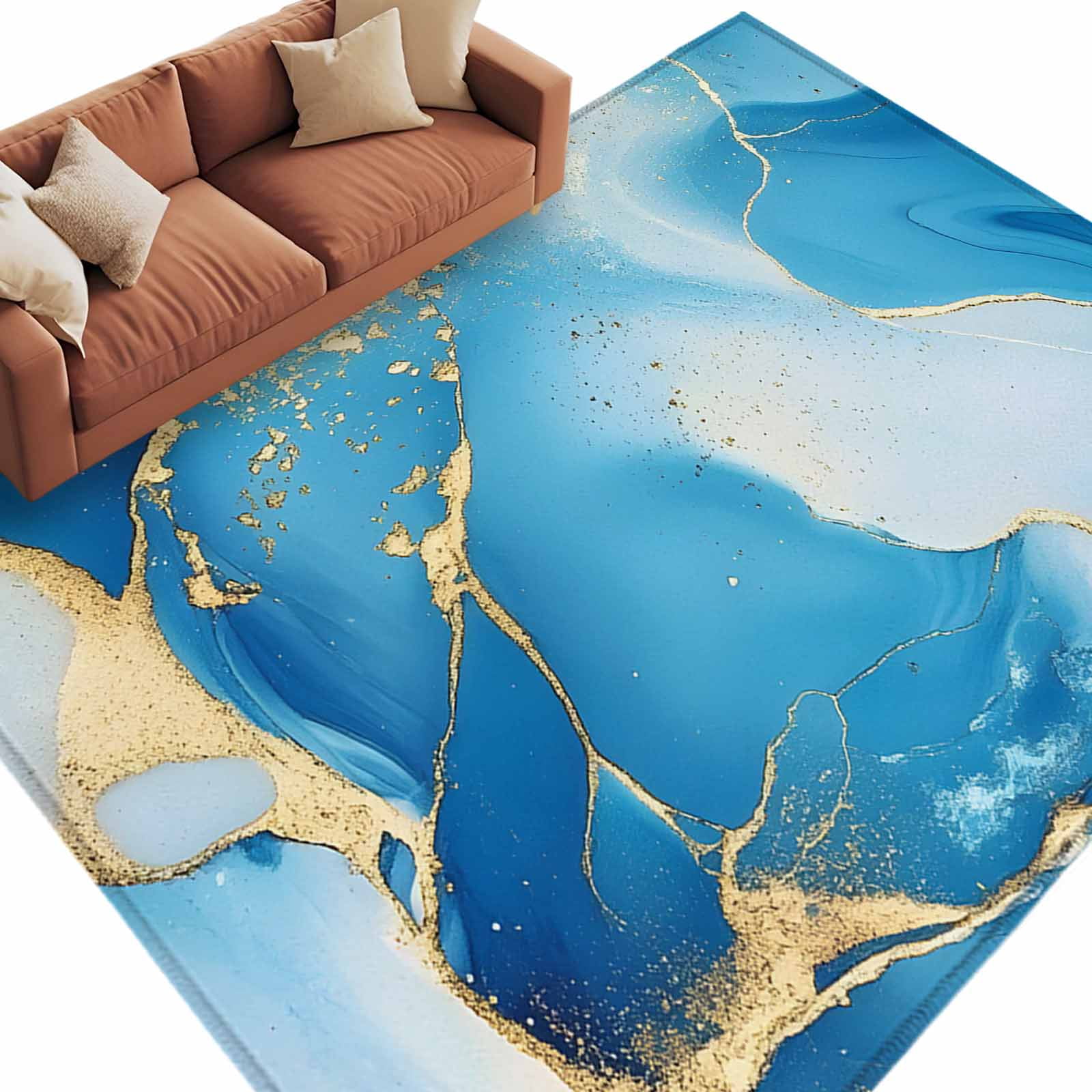 Abstract Art Area Rug 8x10ft Blue Ombre Marble Stone Gold Cracks Modern ...