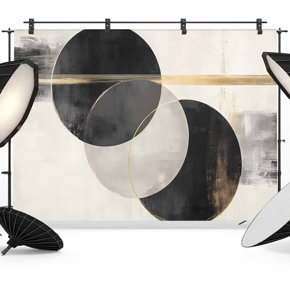 Abstract Art Backdrop for Photography, Black Gold Circle Moon Stripe Mottled Geometric Photo Backdrop Portrait Background Party Banner Photo Backgrounds for Studio Booth Props, 10x8ft