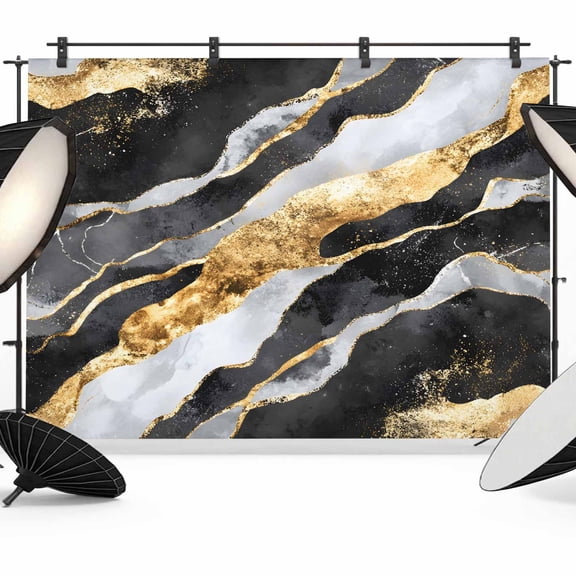 Abstract Art Backdrop for Photography, Black Gold Gradient Marbling Water Ripple Photo Backdrop Portrait Background Party Banner Photo Backgrounds for Studio Booth Props, 12x8ft