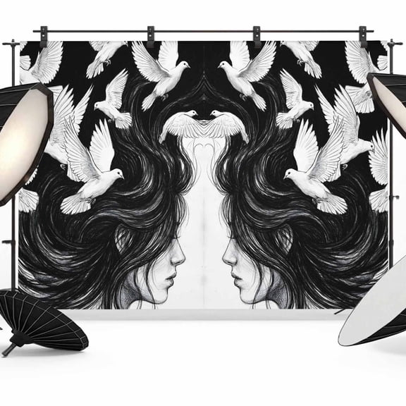 Abstract Art Backdrop for Photography, Black and White Pigeon Woman Profile Bohemian Photo Backdrop Portrait Background Party Banner Photo Backgrounds for Studio Booth Props, 12x8ft