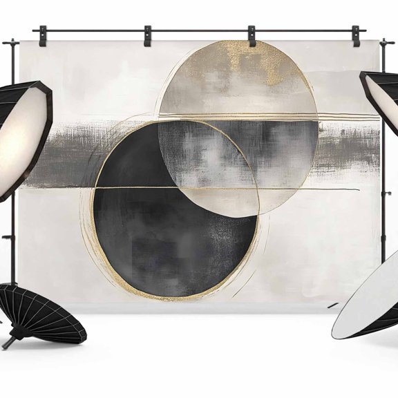 Abstract Art Backdrop for Photography, Mottled Geometric Moon Black Gold Circle Striped Photo Backdrop Portrait Background Party Banner Photo Backgrounds for Studio Booth Props, 7x5ft