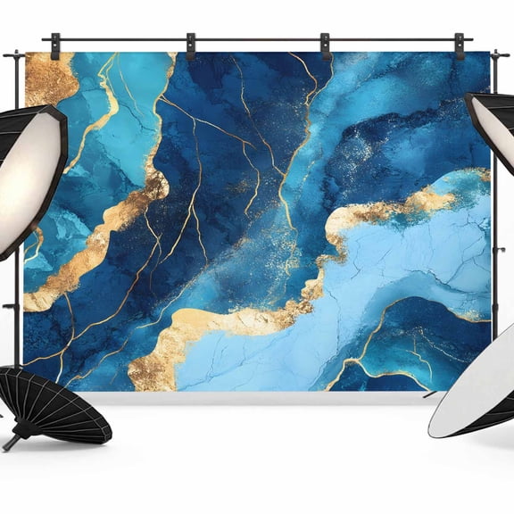 Abstract Art Backdrop for Photography, Water Ripple Gold Blue Gradient Marbling Photo Backdrop Portrait Background Party Banner Photo Backgrounds for Studio Booth Props, 12x8ft