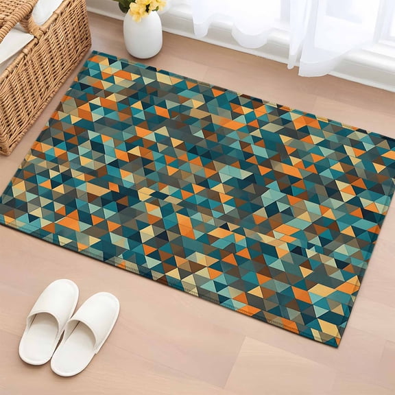 Abstract Art Bathroom Rug Washable 2x3 Entryway Rug Non Slip Geometric Modern Art Orange Teal Front Door Mat Low Pile Indoor Doormat Throw Floor Carpet for Kitchen Bedroom Entrance