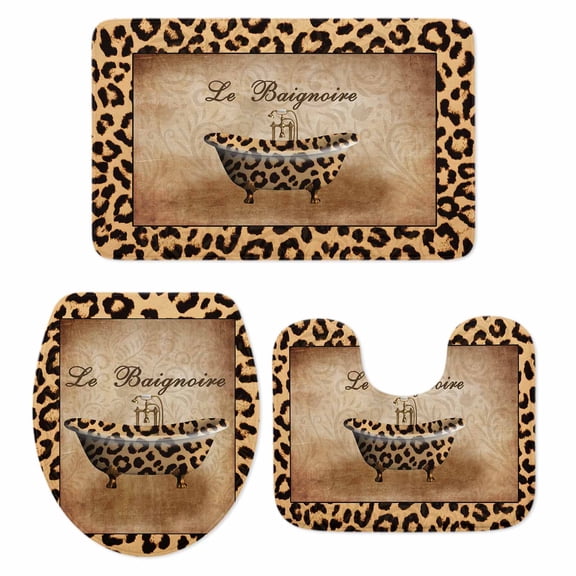 Abstract Art Bathroom Rugs Set Leopard Bathtub Le Baignoire Brown Modern Non Slip Absorbent Soft Bath Mats 3 Piece Set with Bathroom Rug, U-Shaped Floor Mat, Toilet Seat Cover Large Size