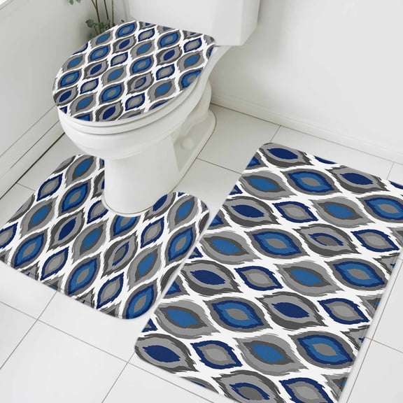 Abstract Art Bathroom Rugs Set Modern Diamond Patterns Blue White Grey Geometric Non Slip Absorbent Soft Bath Mats 3 Piece Set with Bathroom Rug, U-Shaped Floor Mat, Toilet Seat Cover Large Size