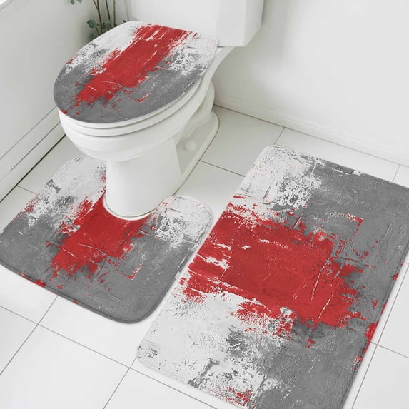 Abstract Art Bathroom Rugs Set Red Grey Wall Mottled Texture Minimalist Modern Non Slip Absorbent Soft Bath Mats 3 Piece Set with Bathroom Rug, U-Shaped Floor Mat, Toilet Seat Cover Small Size