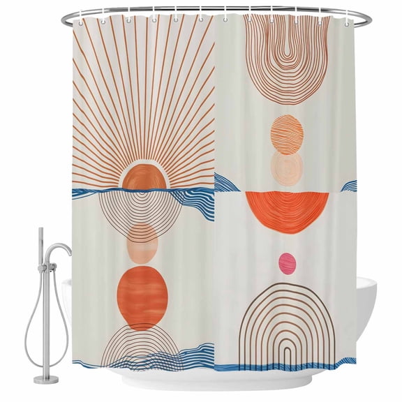 Abstract Art Bathroom Shower Curtains with Hooks, Sunset Orange Blue Line Circle Geometric Modern Waterproof Fabric Washable Shower Curtain for Home Hotel Bathtub Decor 60x72 Inch