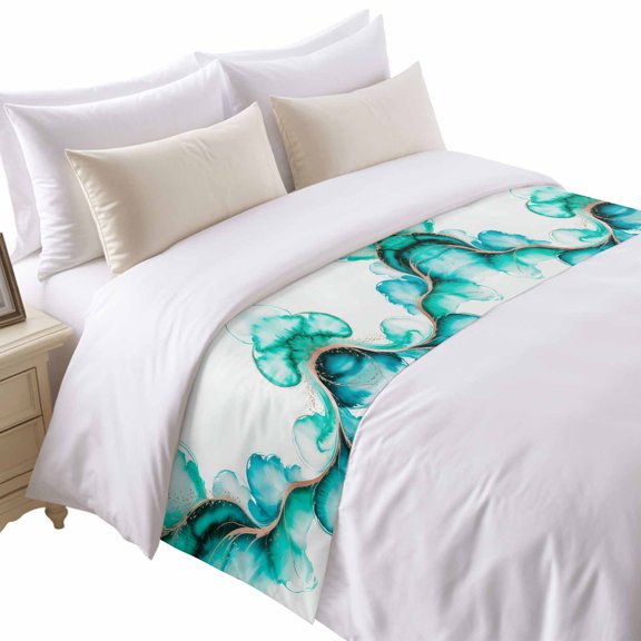Abstract Art Bed Runner for Twin Size Bed, Watercolor Green Water Wave Gradient Modern Soft Bedding Scarf Bedding Protector Slipcover Sofa Throw for Bedroom Hotel Guesthouse