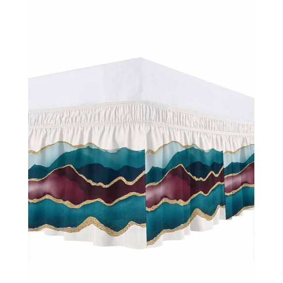 Abstract Art Bed Skirt California King Size 16" Drop Watercolor Blue Gold Gradient Ruffled Wrap Around Bed Skirts Adjustable Elastic Bedskirt Dust Ruffle for California King Size Bed