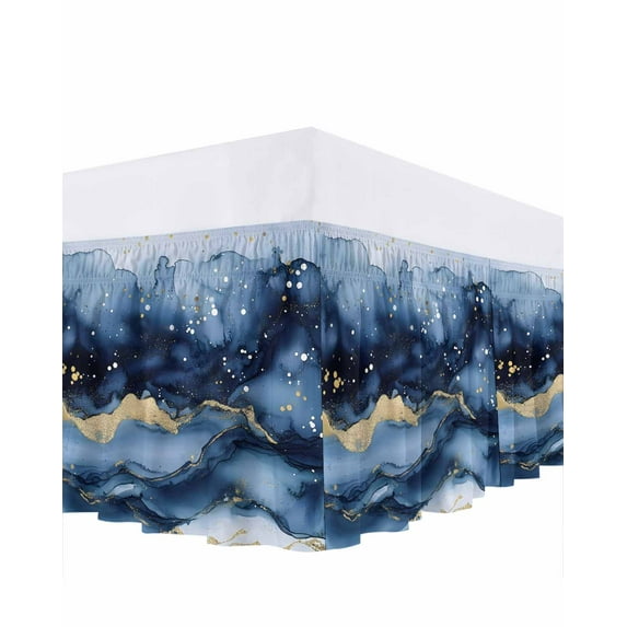Abstract Art Bed Skirt King Size 16" Drop Gold Blue Gradient Marble Texture Ruffled Wrap Around Bed Skirts Adjustable Elastic Bedskirt Dust Ruffle for King Size Bed