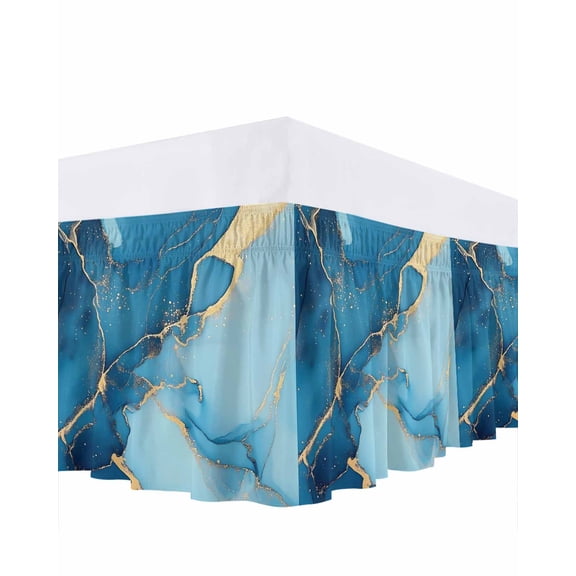 Abstract Art Bed Skirt Queen Size 18" Drop Teal Blue Marble Stone Gold Cracks Modern Ruffled Wrap Around Bed Skirts Adjustable Elastic Bedskirt Dust Ruffle for Queen Size Bed