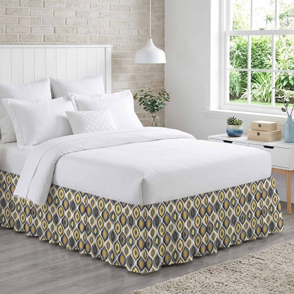Abstract Art Bed Skirt Queen Size 18 Inch Drop, Modern Diamond Patterns Yellow Grey Geometric Adjustable Elastic Dust Ruffles Bedskirt for Queen Bed Wrap Around Pleated Mattress Frame Cover