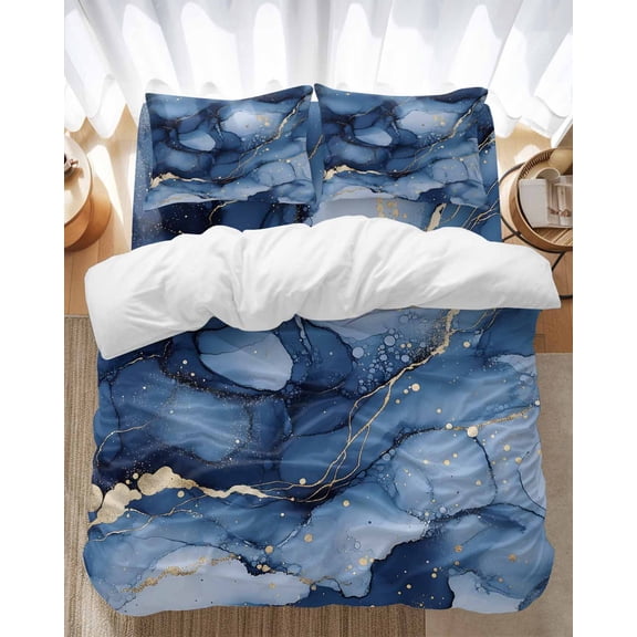 Abstract Art Bedding Duvet Cover Set Full Size 4 Pieces Blue Gold Gradient Marble Texture Bedding Set with Zipper Closure, 1 Comforter Cover 86x86 Inches 1 Flat Sheet & 2 Pillow Cases