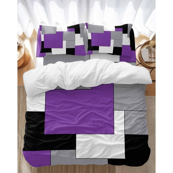 Abstract Art Bedding Duvet Cover Set Full Size 4 Pieces Patchwork Purple Black and Grey Bedding Set with Zipper Closure, 1 Comforter Cover 86x86 Inches 1 Flat Sheet & 2 Pillow Cases