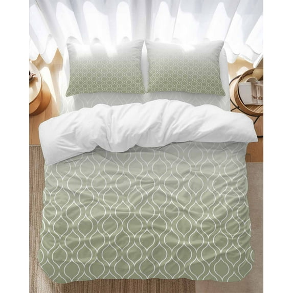 Abstract Art Bedding Duvet Cover Set King Size 4 Pieces Classic Green Line Gradient Modern Bedding Set with Zipper Closure, 1 Comforter Cover 92x106 Inches 1 Flat Sheet & 2 Pillow Cases