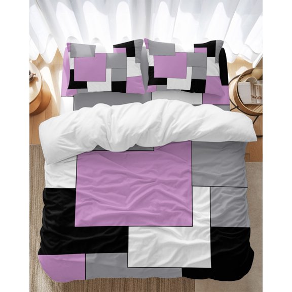 Abstract Art Bedding Duvet Cover Set King Size 4 Pieces Patchwork Pink Black and Grey Bedding Set with Zipper Closure, 1 Comforter Cover 92x106 Inches 1 Flat Sheet & 2 Pillow Cases
