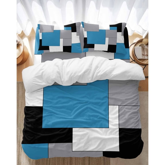 Abstract Art Bedding Duvet Cover Set King Size 4 Pieces Patchwork Purple Blue and Grey Bedding Set with Zipper Closure, 1 Comforter Cover 92x106 Inches 1 Flat Sheet & 2 Pillow Cases