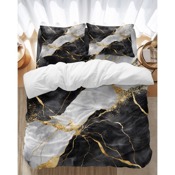 Abstract Art Bedding Duvet Cover Set Queen Size 4 Pieces Gold Black Water Ripple Gradient Marbling Bedding Set with Zipper Closure, 1 Comforter Cover 90x90 Inches 1 Flat Sheet & 2 Pillow Cases