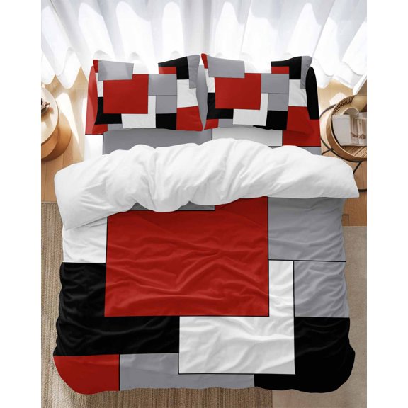 Abstract Art Bedding Duvet Cover Set Queen Size 4 Pieces Patchwork Red Black and Grey Bedding Set with Zipper Closure, 1 Comforter Cover 90x92 Inches 1 Flat Sheet & 2 Pillow Cases