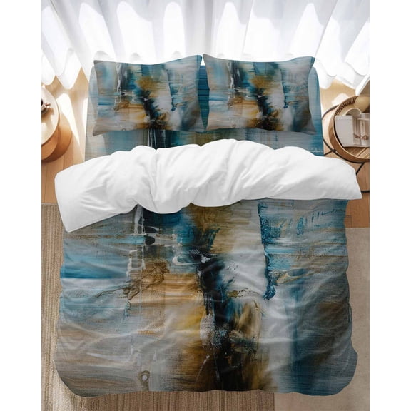 Abstract Art Bedding Duvet Cover Set Queen Size 4 Pieces Turquoise Brown Paint Texture Gradient Retro Bedding Set with Zipper Closure, 1 Comforter Cover 90x92 Inches 1 Flat Sheet & 2 Pillow Cases