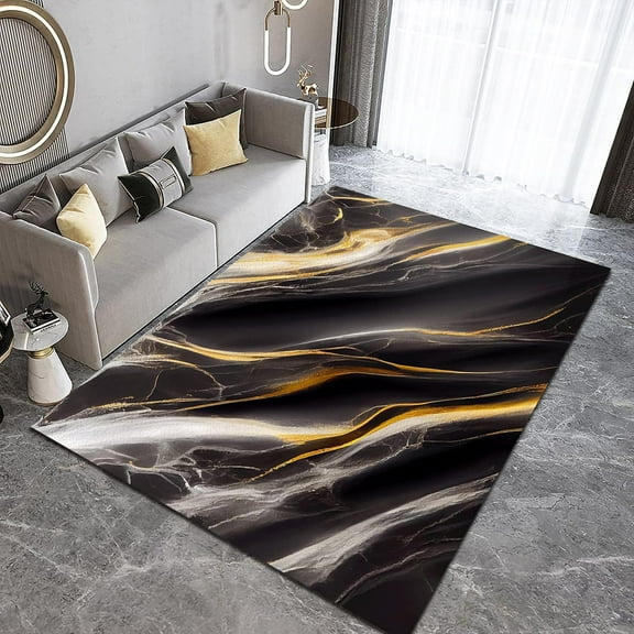 Abstract Art Bedroom Area Rugs, 4x6ft Luxurious Gold Plated Black and White Marble Non-Slip Mat, Area Carpet Easy Care Machine Washable Apply to Family and Pet Farmhouse