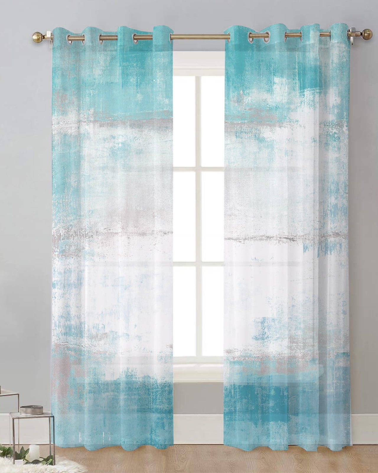 Abstract Art Blue Sheer Curtains For Living Room Modern Fashion Valance ...