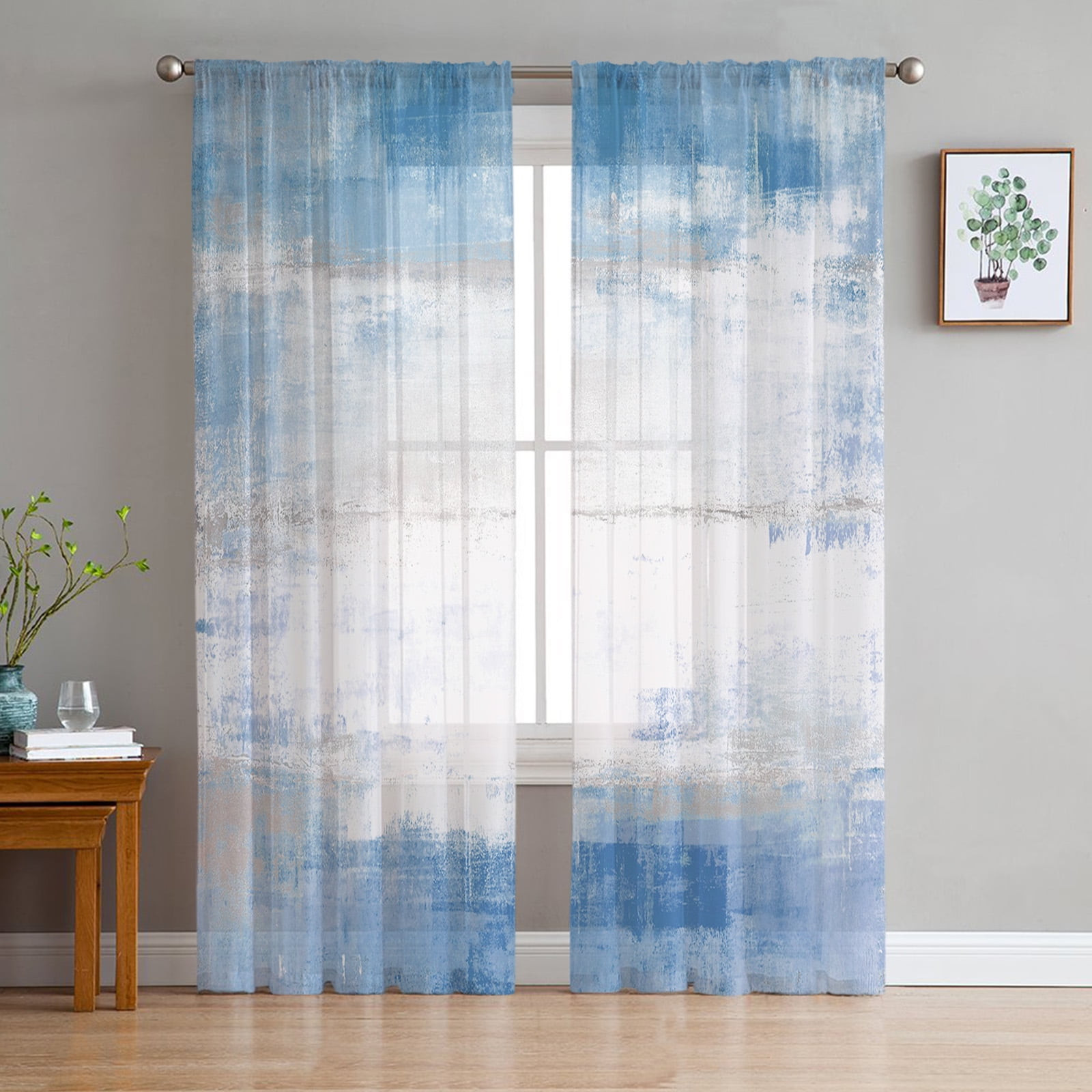 Abstract Art Blue Sheer Curtains For Living Room Modern Fashion Valance ...
