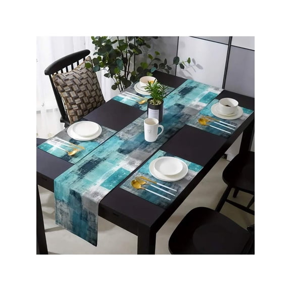 Abstract Art Blue Table Runner and Placemats Set - Machine Washable, Heat Resistant, 4-Piece