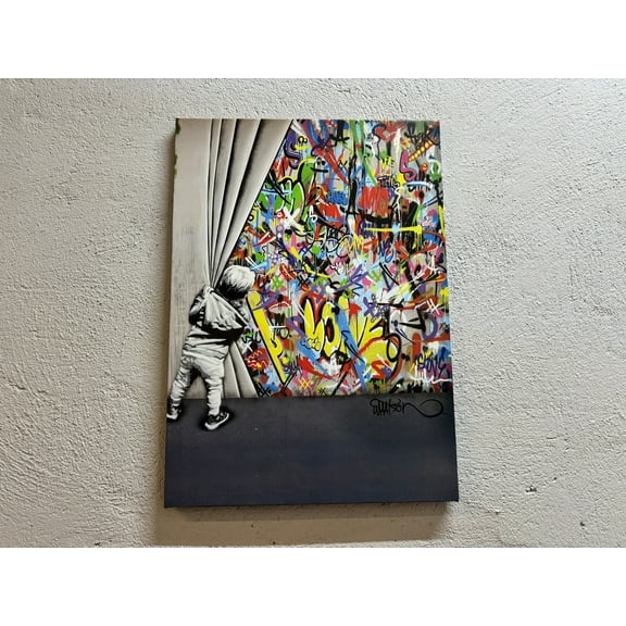 Abstract Art Canvas, Banksy Art, Behind the Curtain Art Canvas, Banksy Boy Art, Martin Watson Canvas, Banksy Colorful Graffiti Printed Canvas, Canvas Wall Decor - Rolled Canvas