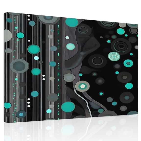Abstract Art Canvas Print Wall Art, Black Teal Dot Modern Space Art Wall Decor Modern Artwork Paintings Pictures for Living Room Framed and Stretched Ready to Hang, 12" x 16"