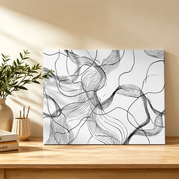 Abstract Art Canvas Wall Art, Black and White Minimalist Line Waves Modern Wall Art Prints Artwork Framed Canvas Ready to Hang Art Pictures for Bathroom, Dressing Table, Entryway 12" x 8"