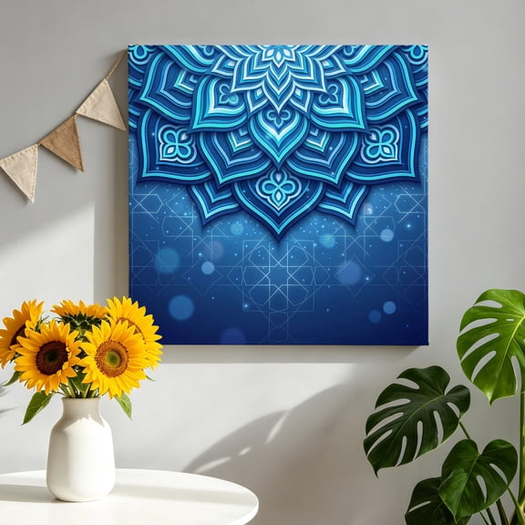 Abstract Art Canvas Wall Art, Blue Gradient Flower 3D Geometric Stars Modern Framed Canvas Wall Decor Picture Print Artwork Decorations for Living Room Office Ready to Hang 8" x 8"